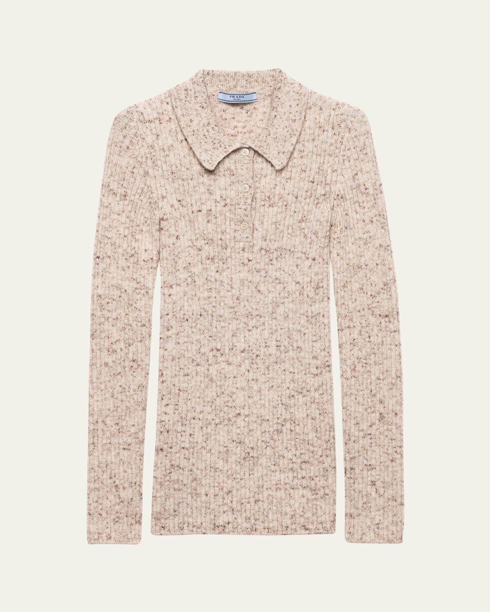 Speckled Wool-Linen Rib Polo Sweater